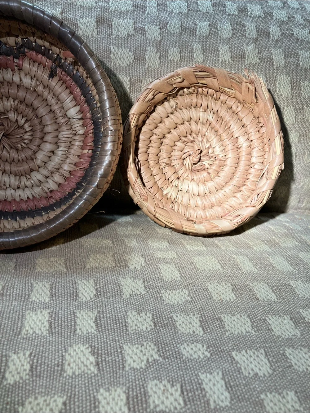 Vintage Mexican hand-woven coiled basket folk art. With lid
